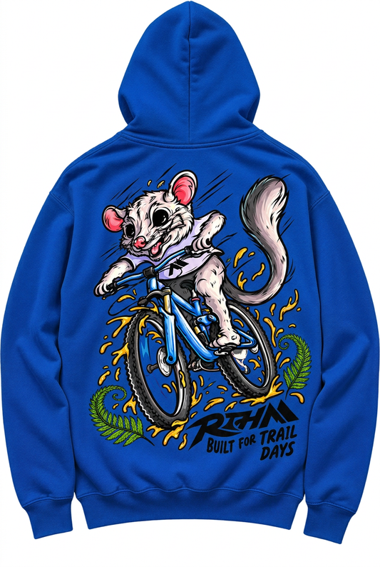 RTHM Kids Hoodie Blue - possum on bike back print