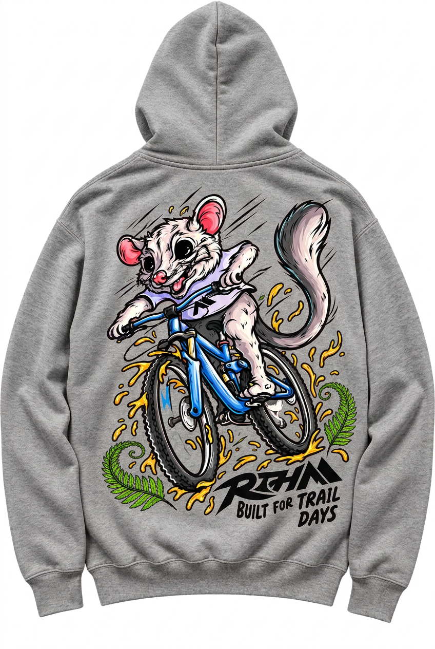 RTHM Kids Hoodie Heather Grey - possum on bike back print