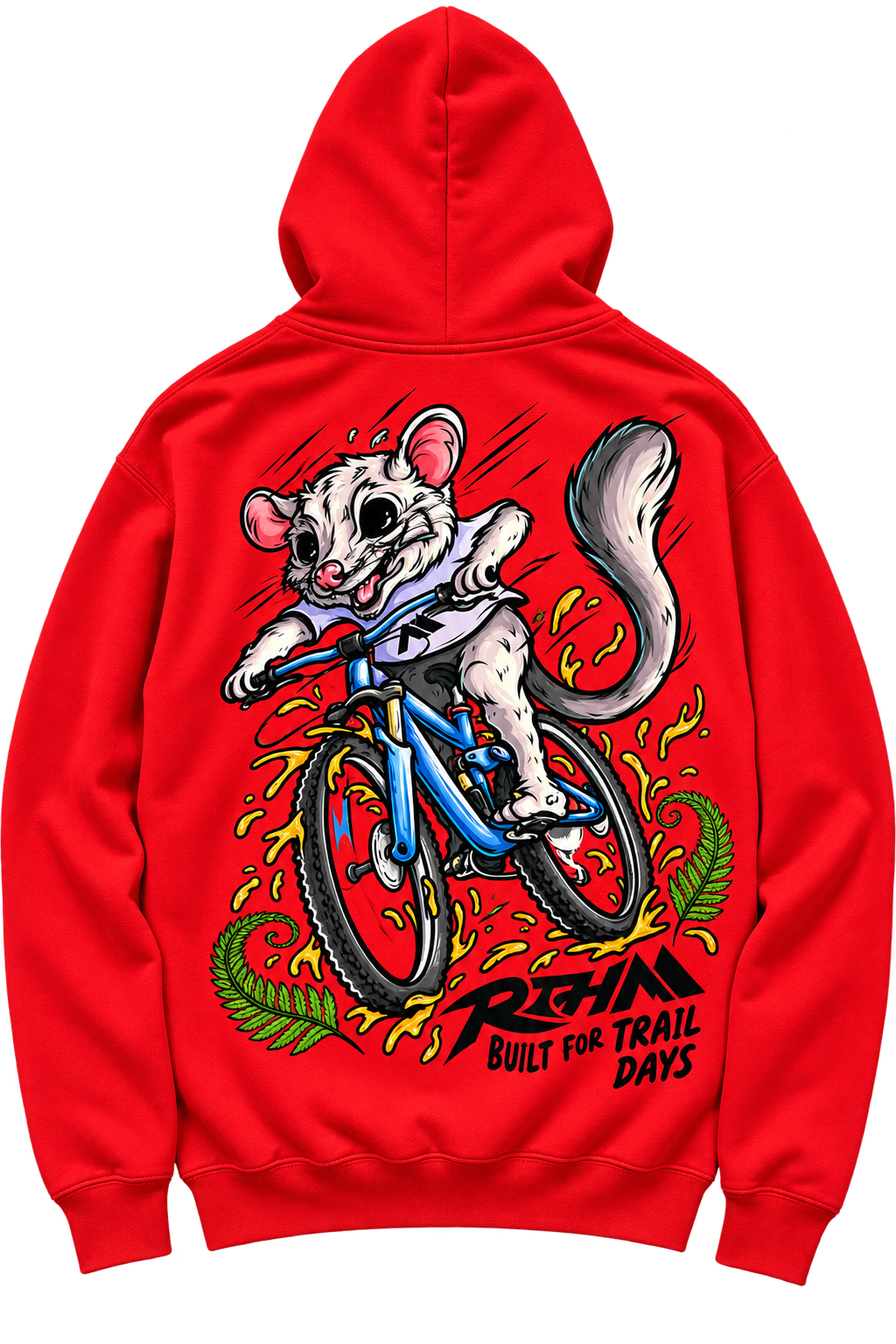 RTHM Kids Hoodie Red - possum on bike back print