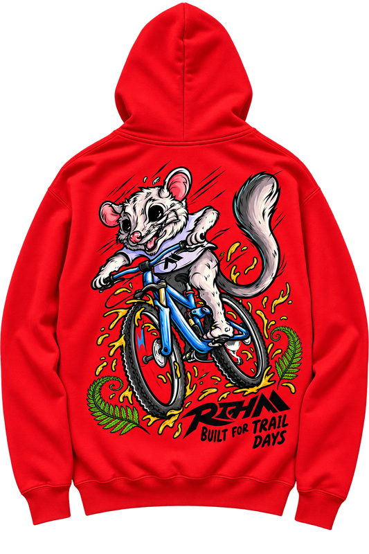 RTHM Kids Hoodie Red - possum on bike back print